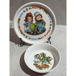 Vintage 1969 Raggedy Ann and Andy Oneida Deluxe Melamine Plate and Bowl Set